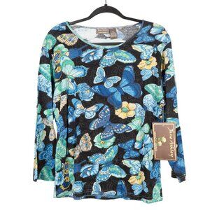 Butterfly VTG Beaded Shirt L Hippie Long Sleeve Cotton Blue Black Yellow Fairy